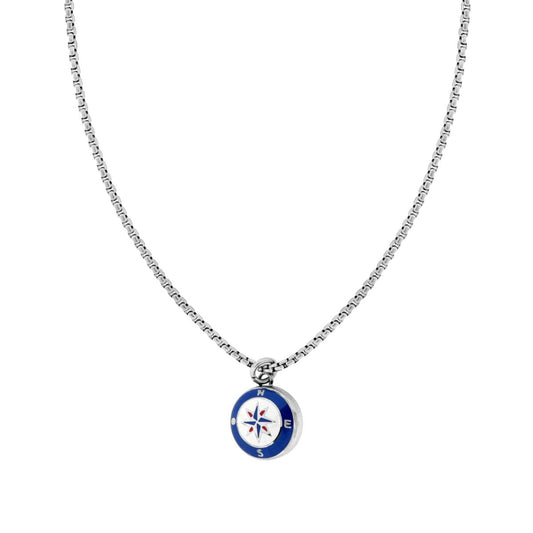 Collana Catena Veneziana Tonda con Rosa dei Venti Smalto Bianco e Blu in ACCIAIO