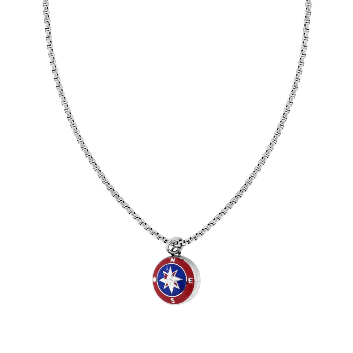 Collana Catena Veneziana Tonda con Rosa dei Venti Smalto Rosso e Blu in ACCIAIO