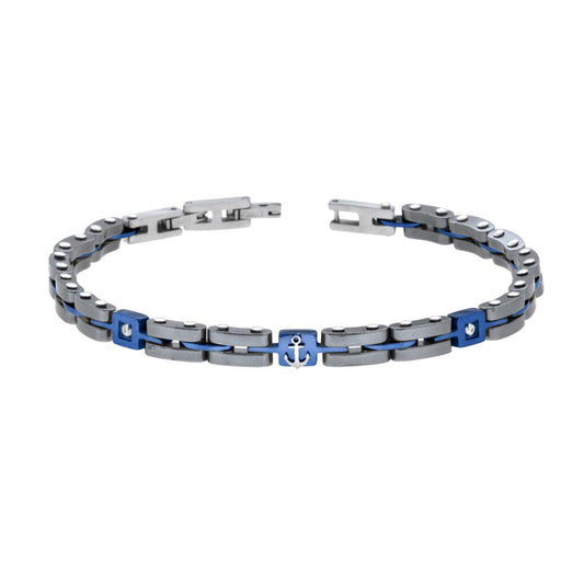 Bracciale Uomo Maglia Imperniata con dettagli Colore Blu Ceramica Antracite Crystal Bianchi e Ancora in ACCIAIO