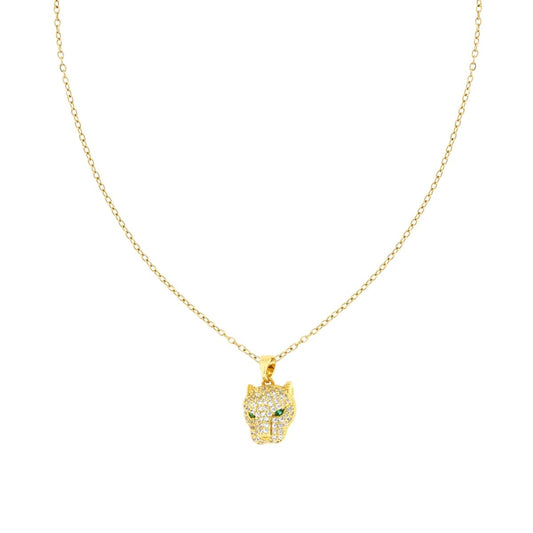Collana Catena Forzatina Diamantata con Testa di Pantera e Crystal Bianchi e Verde Smeraldo in ACCIAIO colore Oro