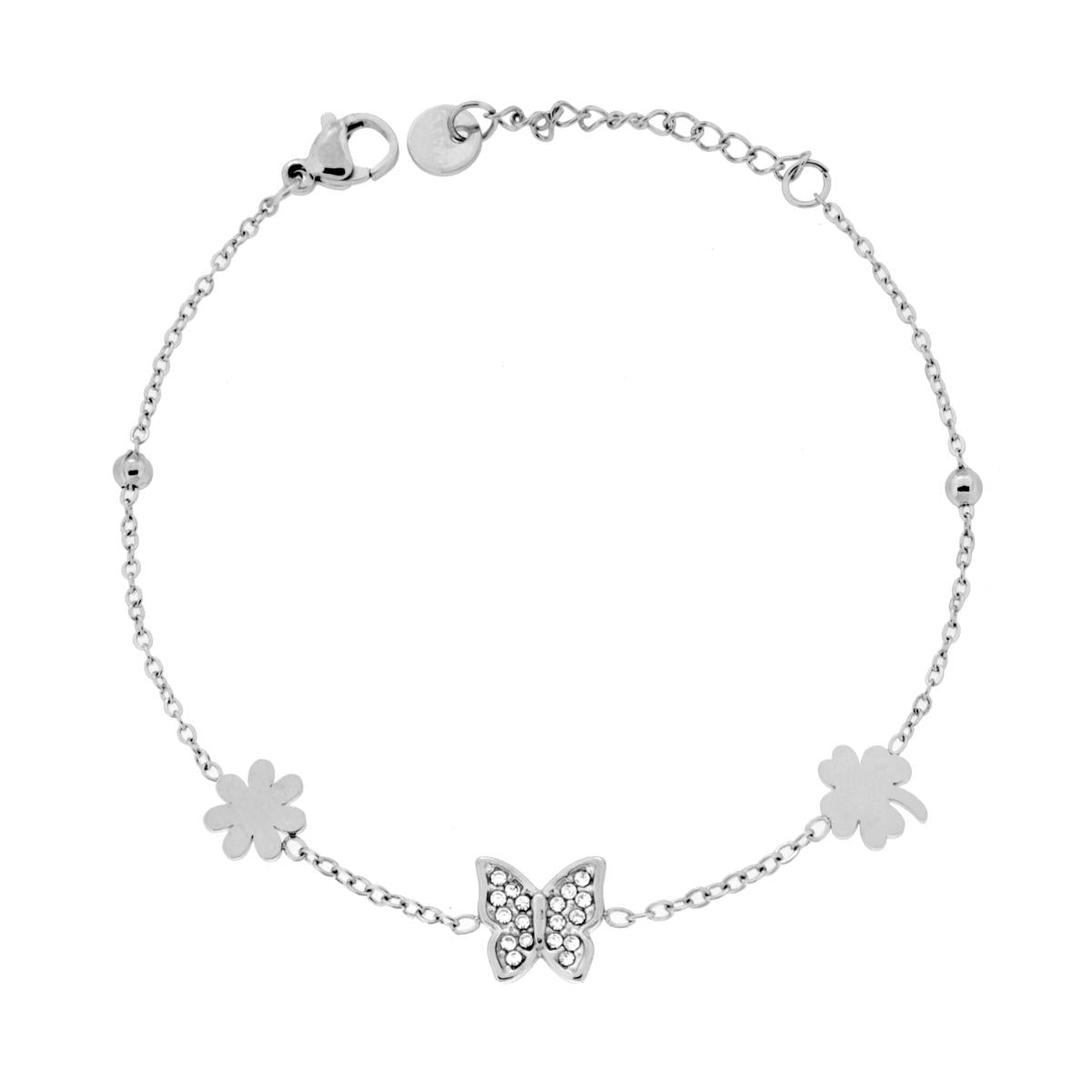 Bracciale Catena Forzatina Diamantata con Farfalla Quadrifoglio Fiore e Crystal Bianchi in ACCIAIO