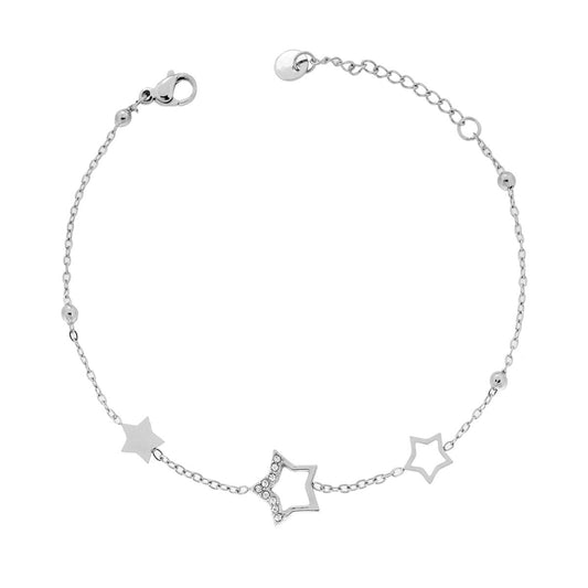 Bracciale Catena Forzatina Diamantata con Stelle e Crystal Bianchi in ACCIAIO