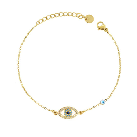 Bracciale Catena Forzatina Diamantata con Occhio e Crystal Bianchi e Smalto Azzurro in ACCIAIO colore Oro