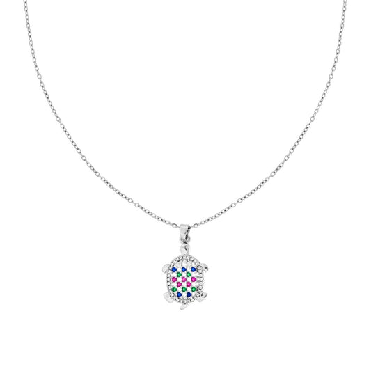 Collana Catena Forzatina Diamantata con Tartaruga e Crystal Multicolor in ACCIAIO