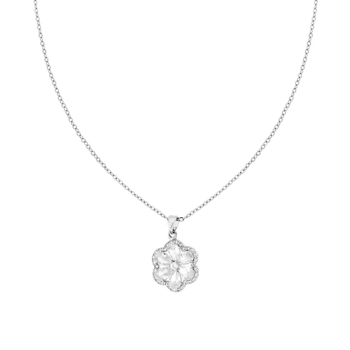 Collana Catena Forzatina Diamantata con Fiore e Crystal Bianchi in ACCIAIO