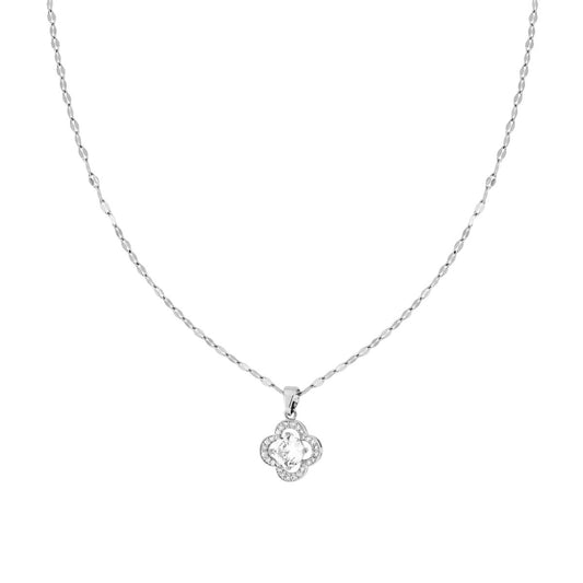 Collana Catena Forzatina Diamantata a Specchio con Punto Luce Fiore contornato da Crystal Bianchi in ACCIAIO