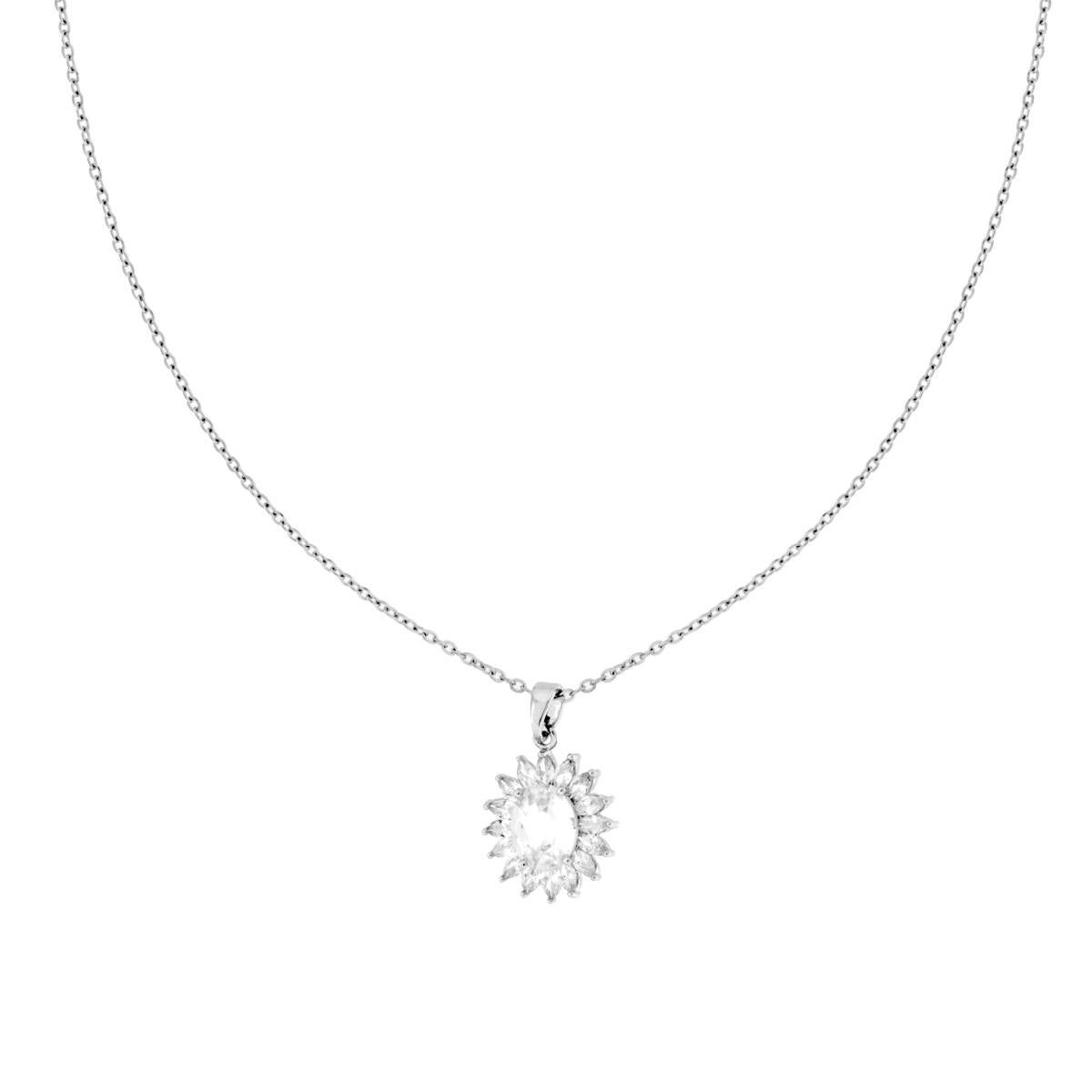 Collana Catena Forzatina Diamantata con Punto Luce Ovale contornato da Crystal Bianchi in ACCIAIO