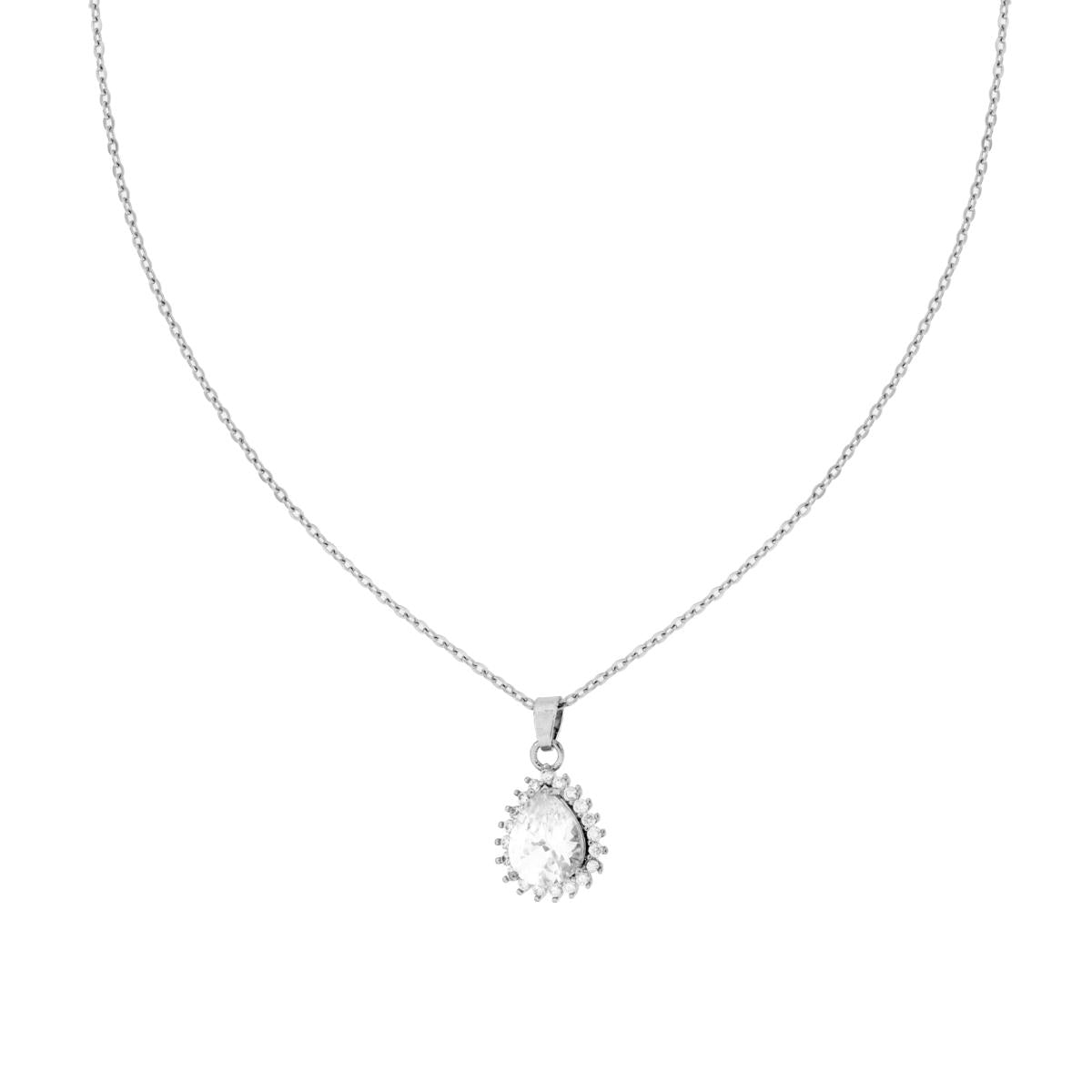 Collana Catena Forzatina Diamantata con Punto Luce Goccia contornato da Crystal Bianchi in ACCIAIO