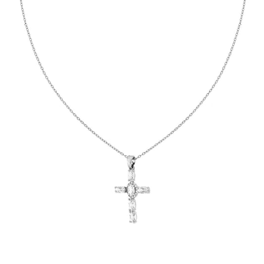 Collana Catena Forzatina Diamantata con Croce e Crystal Bianchi Ovali in ACCIAIO