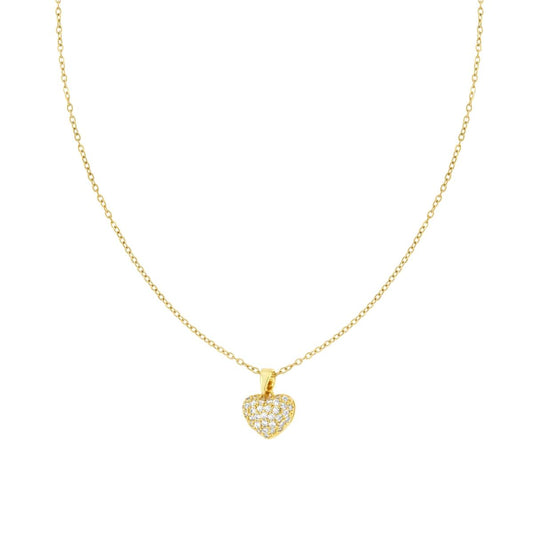 Collana Catena Forzatina Diamantata con Cuore Bombato e Crystal Bianchi in ACCIAIO colore Oro
