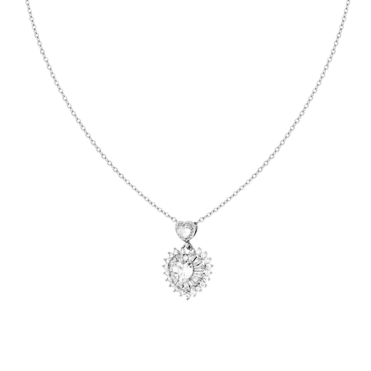 Collana Catena Forzatina Diamantata con Cuore Punto Luce e Crystal Bianchi in ACCIAIO