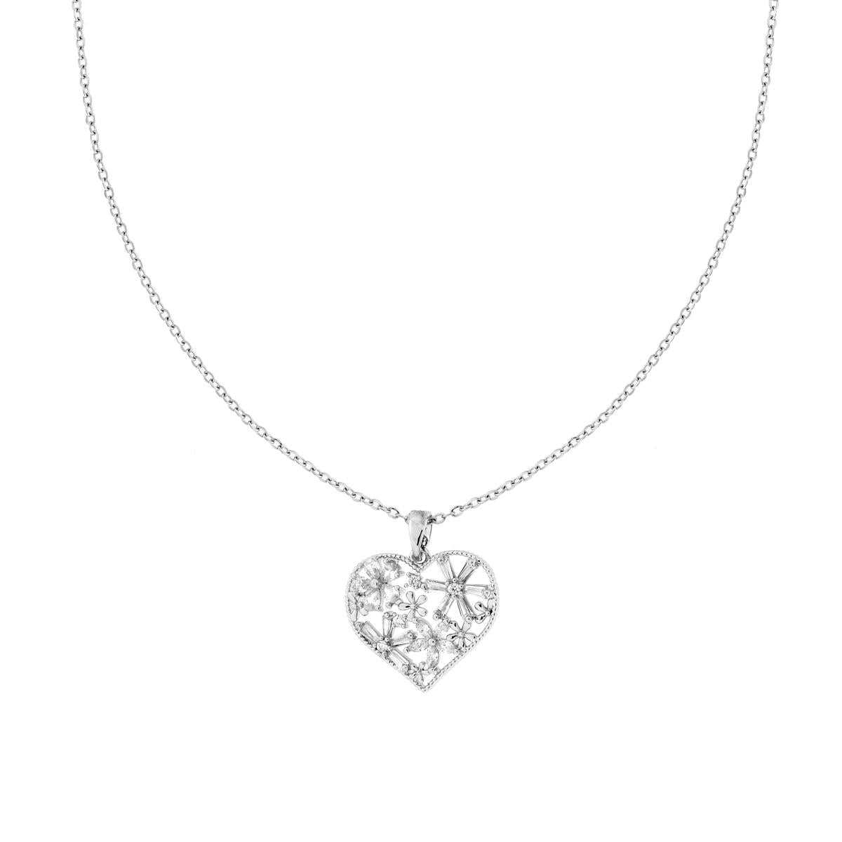 Collana Catena Forzatina Diamantata con Cuore con Fiori e Crystal Bianchi in ACCIAIO