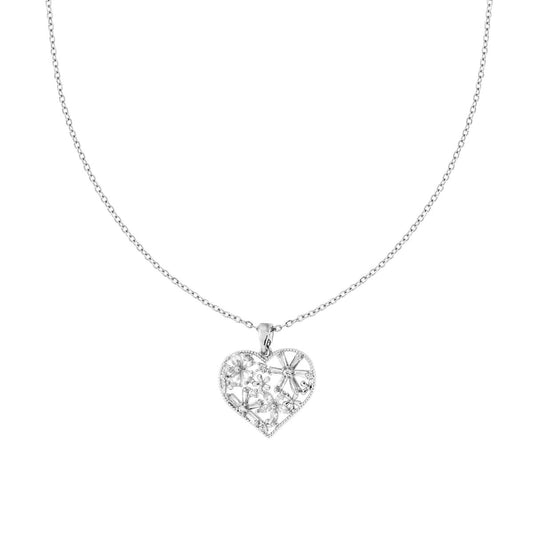 Collana Catena Forzatina Diamantata con Cuore con Fiori e Crystal Bianchi in ACCIAIO
