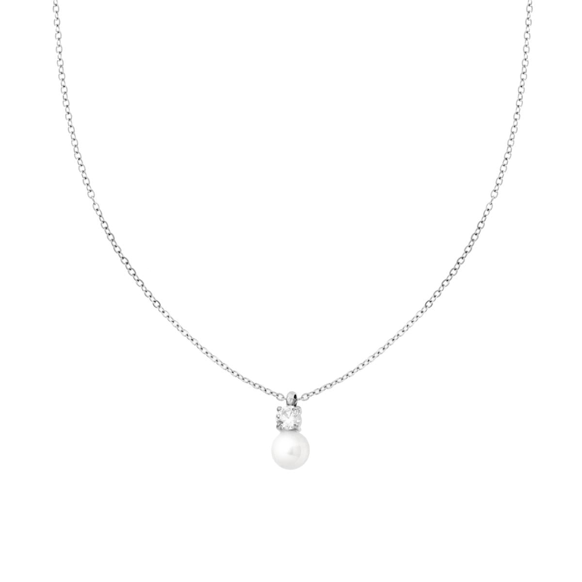 Collana Catena Forzatina Diamantata con Perla e Punto Luce Crystal Bianco in ACCIAIO