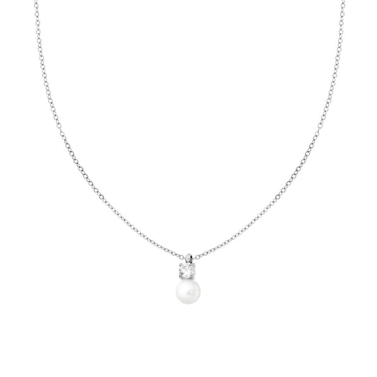 Collana Catena Forzatina Diamantata con Perla e Punto Luce Crystal Bianco in ACCIAIO