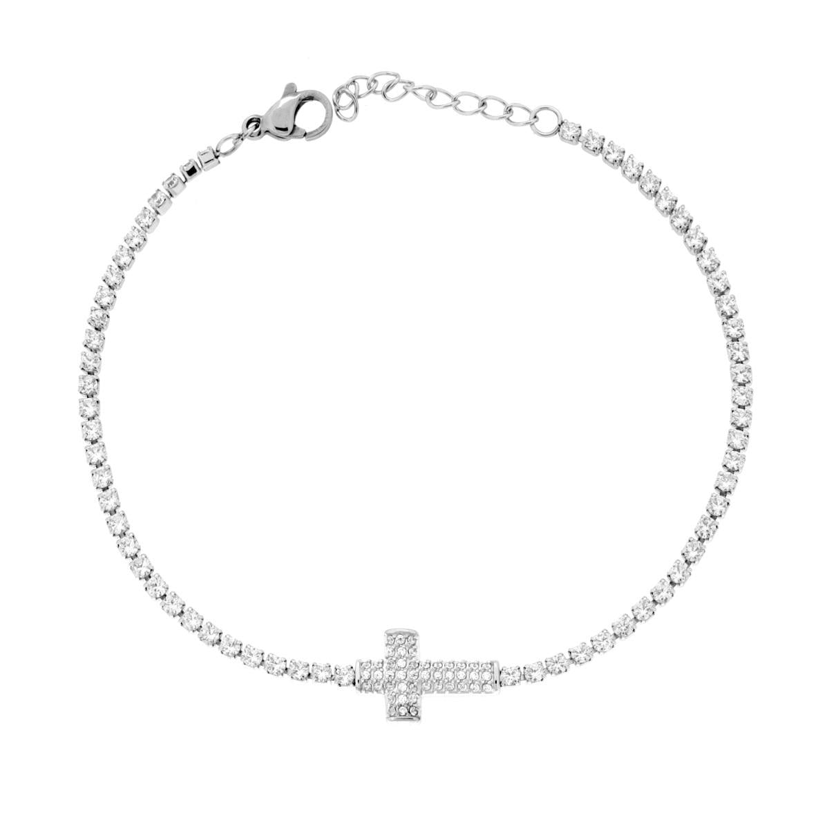 Bracciale Tennis con Croce e Crystal Bianchi in ACCIAIO