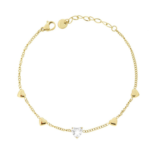 Bracciale Catena Forzatina Diamantata con Cuori e Crystal Bianchi in ACCIAIO colore Oro