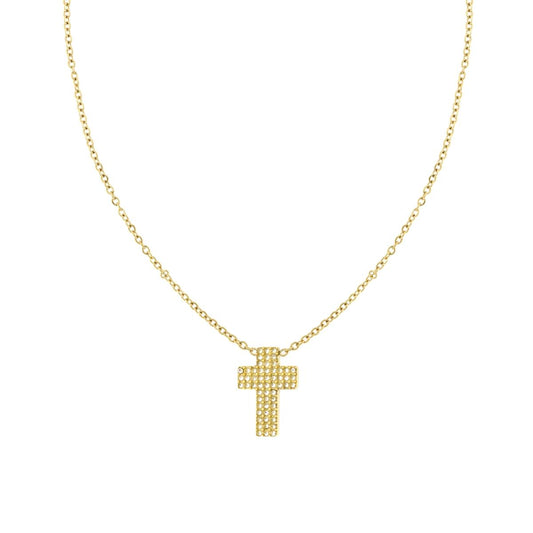 Collana Catena Forzatina Diamantata con Croce e Crystal Bianchi in ACCIAIO colore Oro