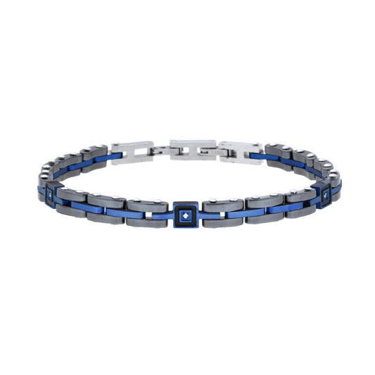 Bracciale Uomo Maglia Imperniata in Ceramica Antracite e colore Blu con Crystal Bianchi in ACCIAIO