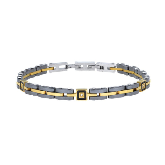 Bracciale Uomo Maglia Imperniata in Ceramica Antracite e colore Oro con Crystal Bianchi in ACCIAIO