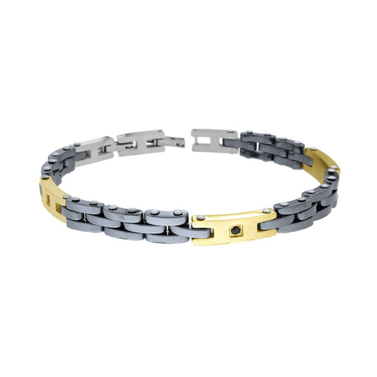 Bracciale Uomo Catena Imperniata con Ceramica Canna da Fucile e Targhe colore Oro con Crystal Nero in ACCIAIO