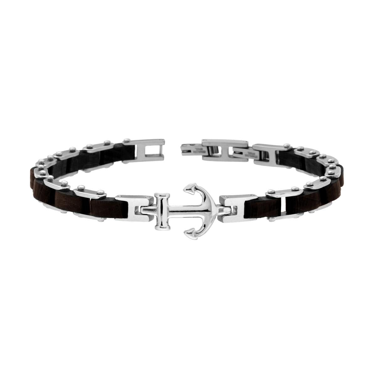Bracciale Uomo Maglia Imperniata in Legno Nero e Ancora in ACCIAIO