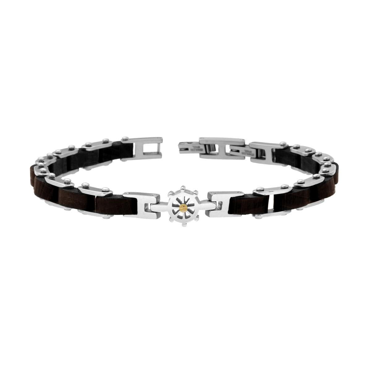 Bracciale Uomo Maglia Imperniata in Legno Nero e Timone in ACCIAIO