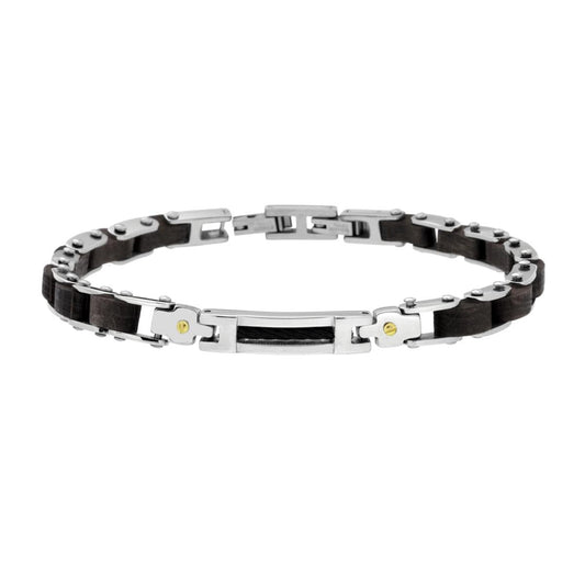 Bracciale Uomo Maglia Imperniata in Legno Nero e Targa in ACCIAIO