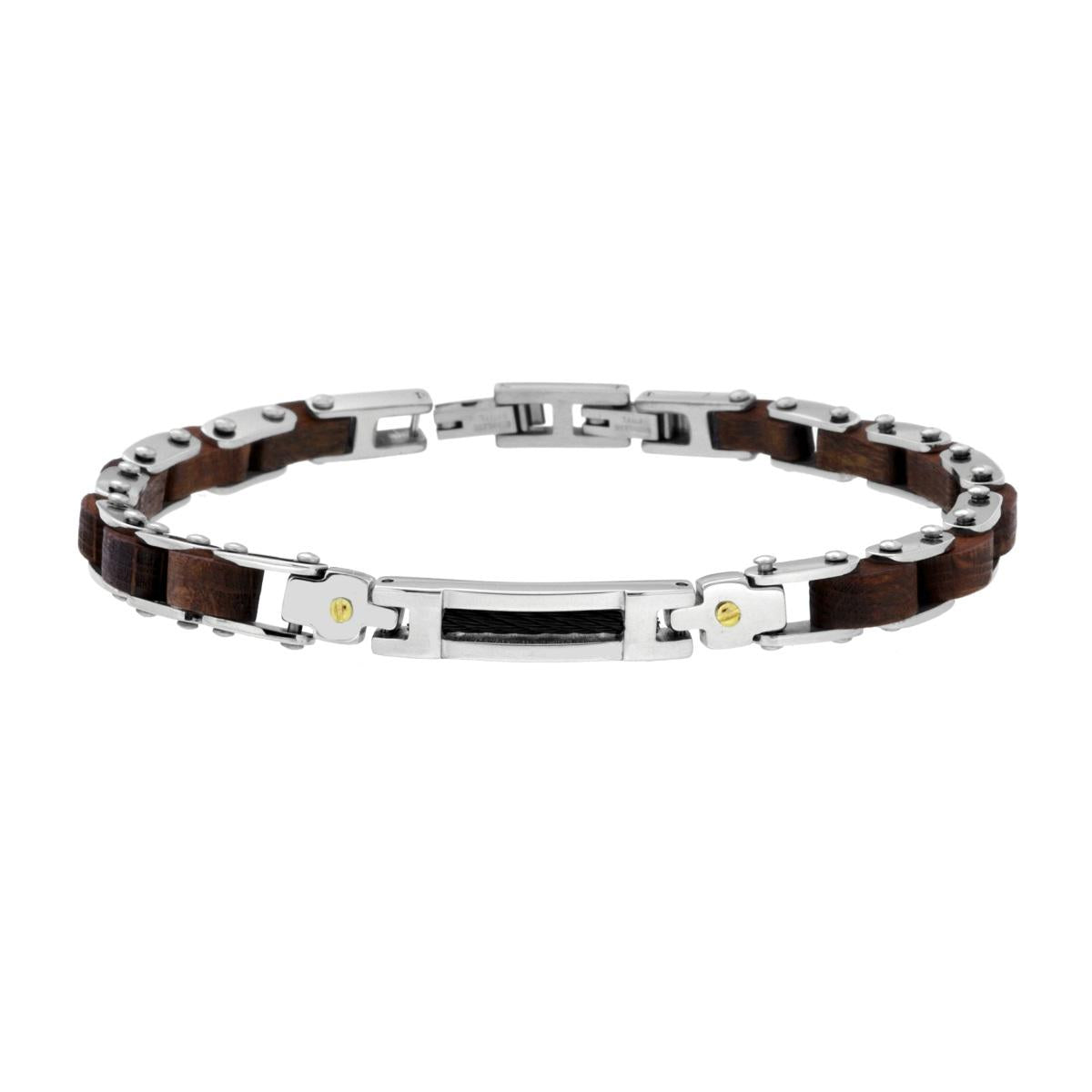 Bracciale Uomo Maglia Imperniata in Legno e Targa in ACCIAIO