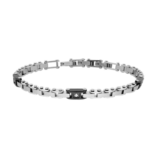 Bracciale Uomo Maglia Imperniata con dettagli in Nero e Crystal Bianchi in ACCIAIO
