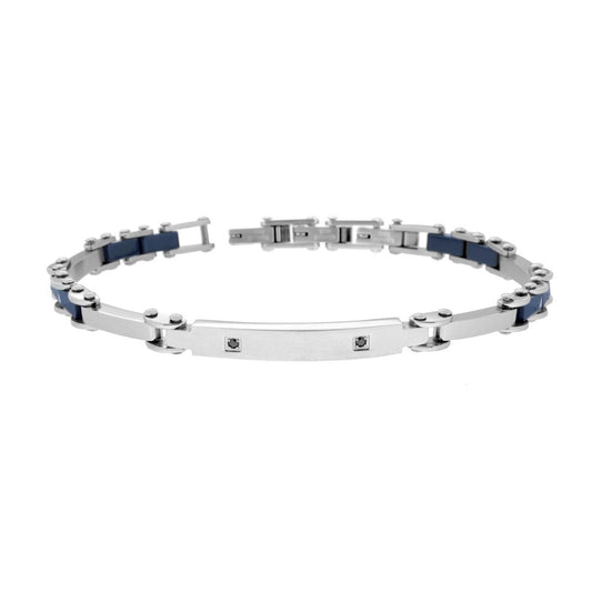 Bracciale Uomo Maglia Imperniata con Ceramica Blu Targa e Crystal Neri in ACCIAIO