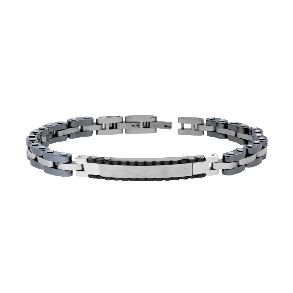 Bracciale Uomo Maglia Imperniata con Ceramica Antracite e Targa Dentellata in ACCIAIO