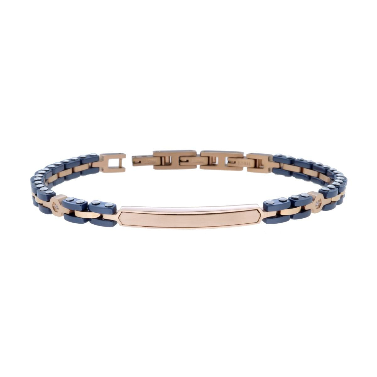 Bracciale Uomo Maglia Imperniata con Targa Ceramica Blu e Crysta Bianchi in ACCIAIO colore Rosa