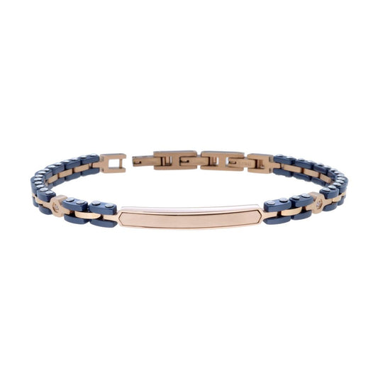 Bracciale Uomo Maglia Imperniata con Targa Ceramica Blu e Crysta Bianchi in ACCIAIO colore Rosa