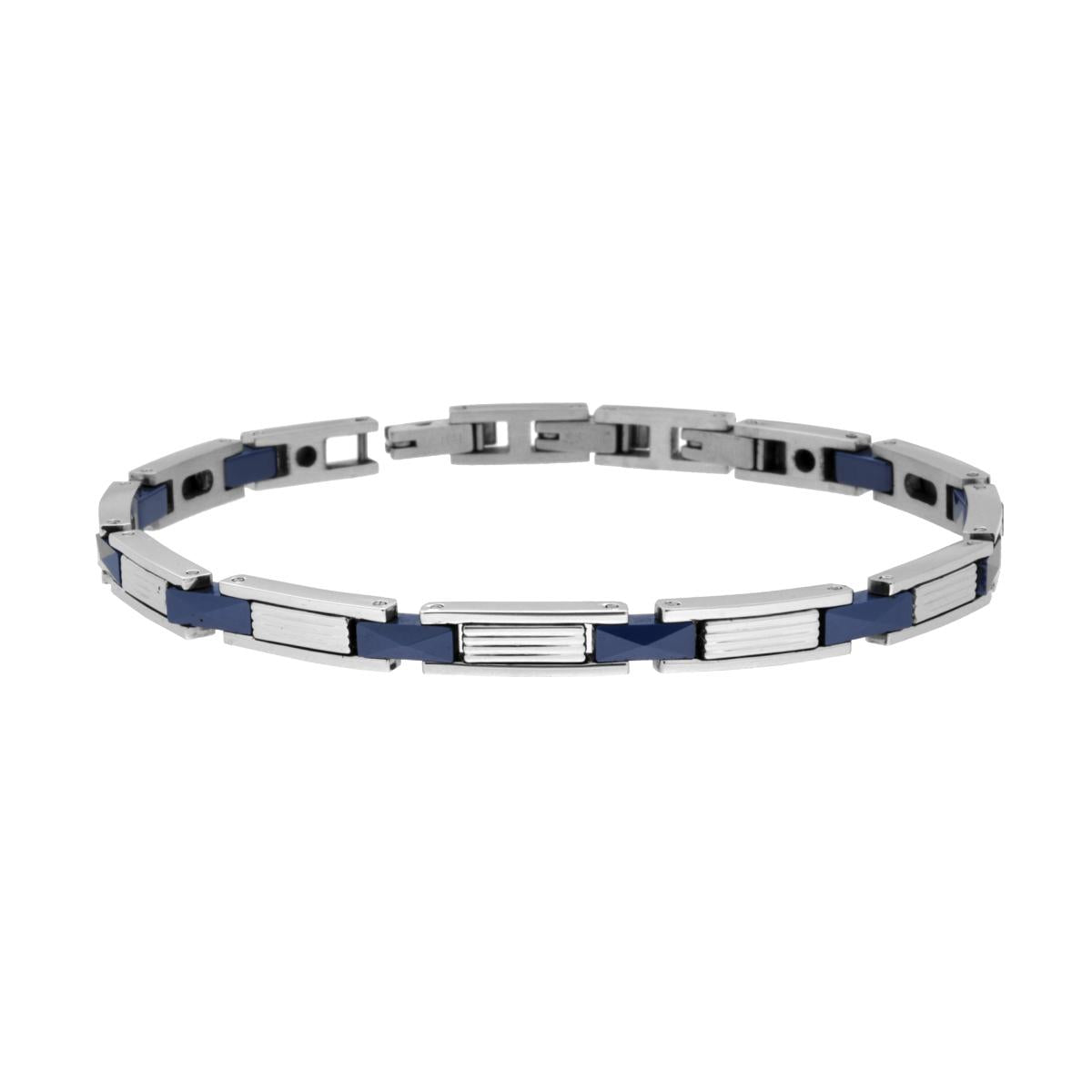 Bracciale Uomo Maglia Imperniata con Ceramica Blu Bugnata in ACCIAIO