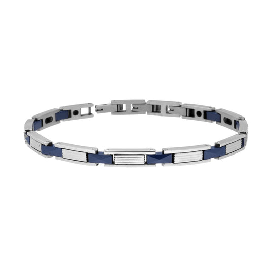 Bracciale Uomo Maglia Imperniata con Ceramica Blu Bugnata in ACCIAIO