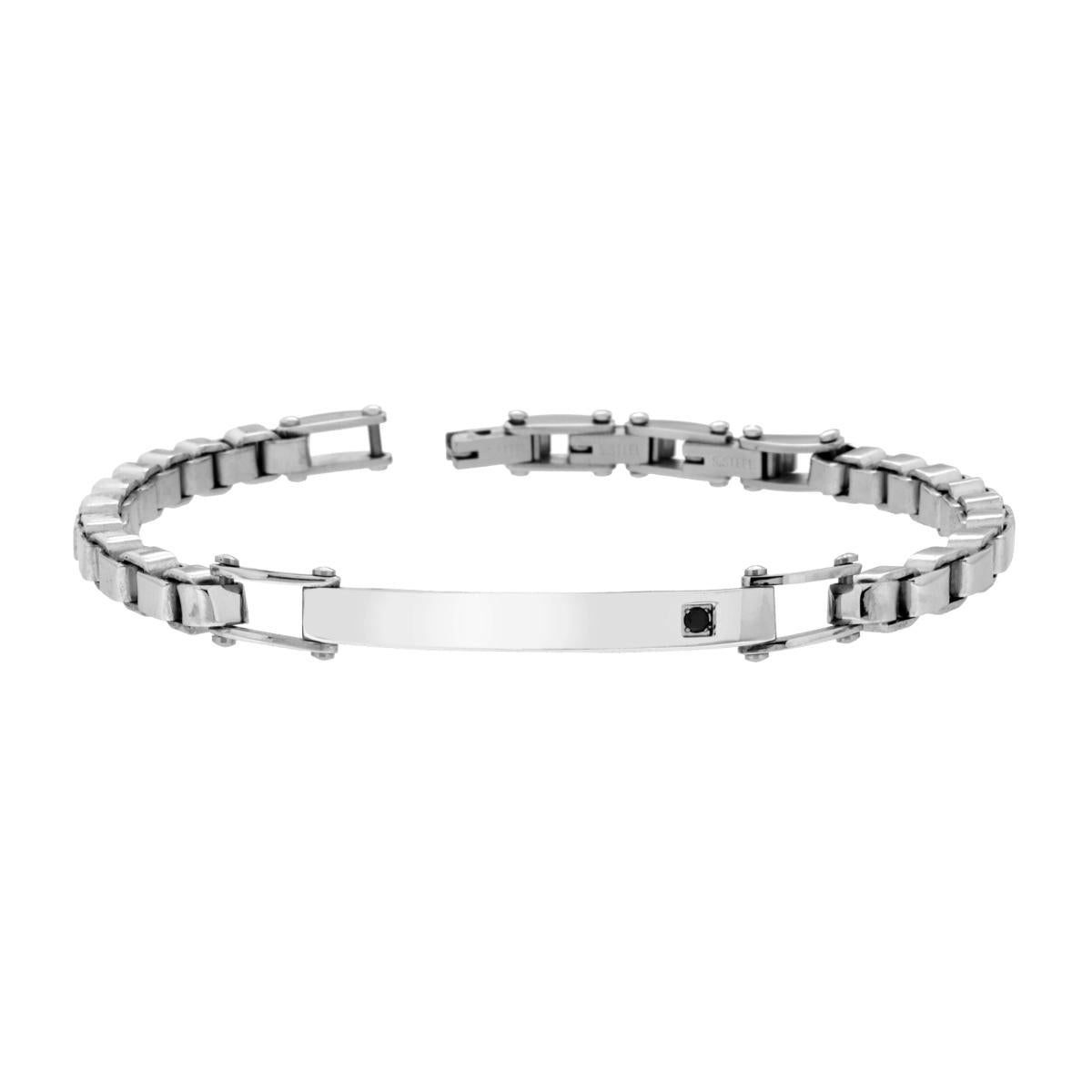 Bracciale Uomo Catena Veneziana Diamantata con Targa e Crystal Nero in ACCIAIO