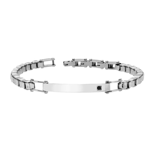 Bracciale Uomo Catena Veneziana Diamantata con Targa e Crystal Nero in ACCIAIO