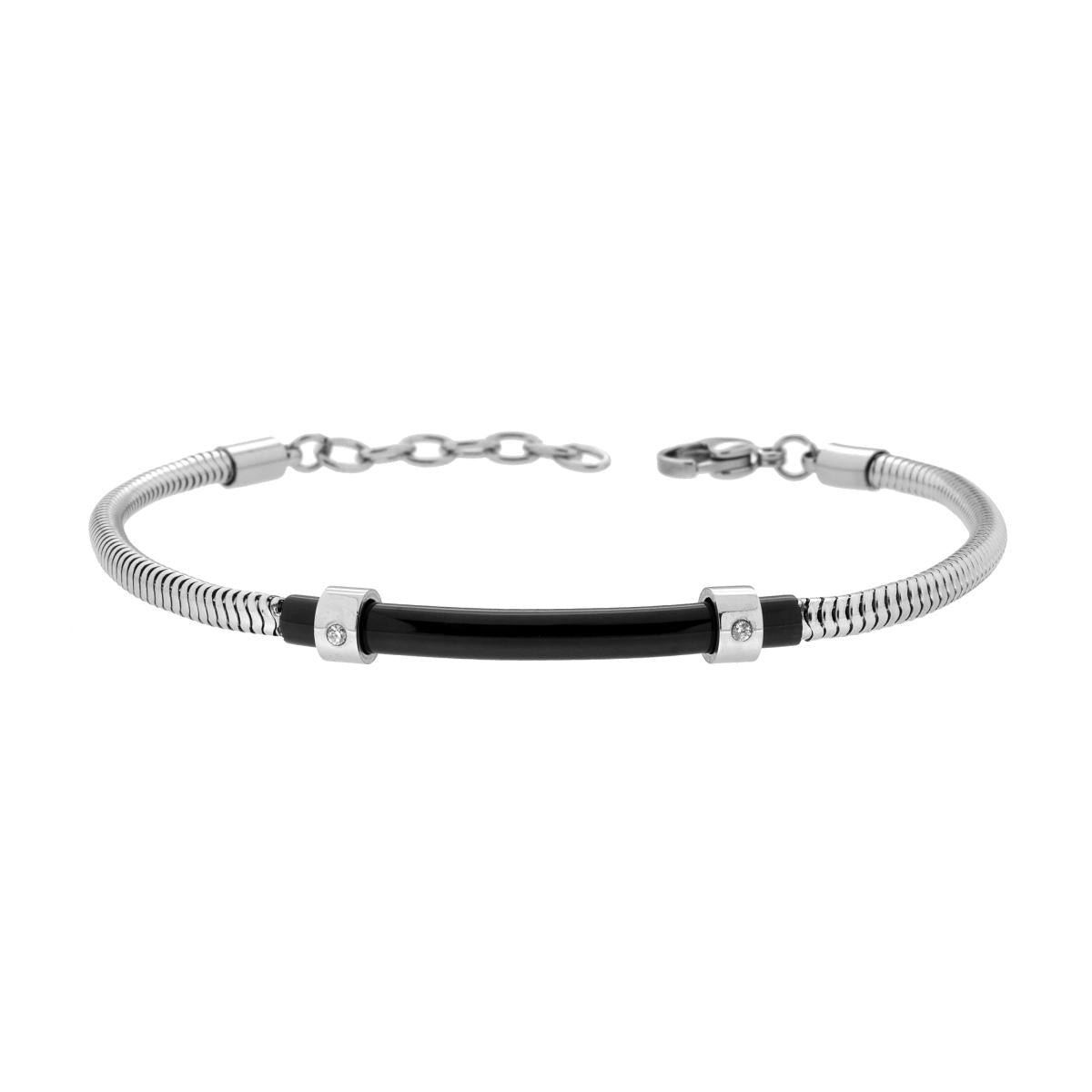 Bracciale Uomo Catena Coda di Topo Con Targa Tubolare Nera e Crystal Bianchi in ACCIAIO