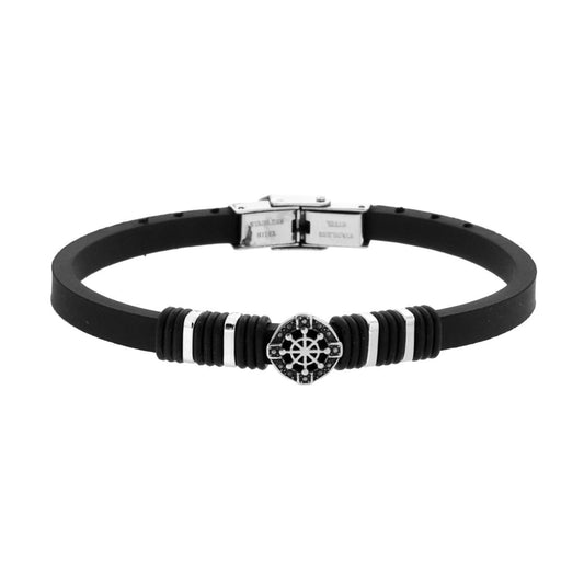Bracciale Uomo in Caucciu PVC Nero con Timone e Accessori in ACCIAIO