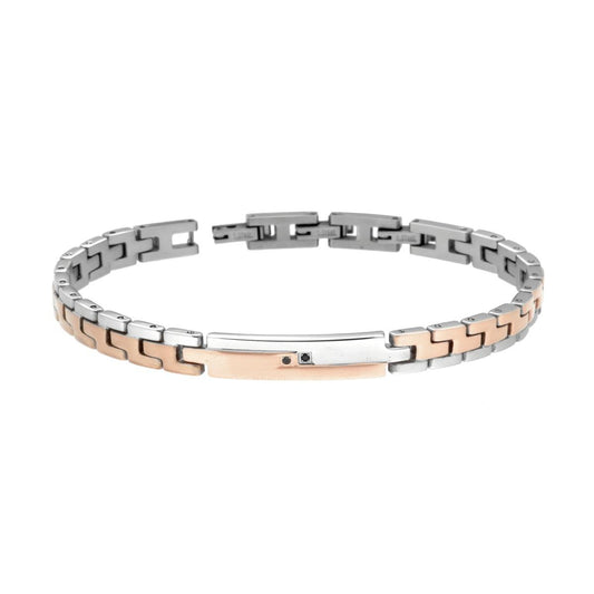 Bracciale Uomo Maglia Imperniata con dettagli colore Rosa Targa e Crystal Neri in ACCIAIO