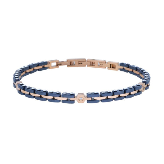 Bracciale Uomo Maglia Imperniata con Ceramica Blu e Crystal Bianchi in ACCIAIO colore Rosa