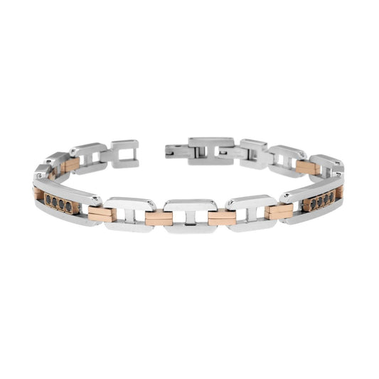 Bracciale Uomo Maglia Imperniata con Targhe dettagli colore Rosa e Crystal Neri in ACCIAIO