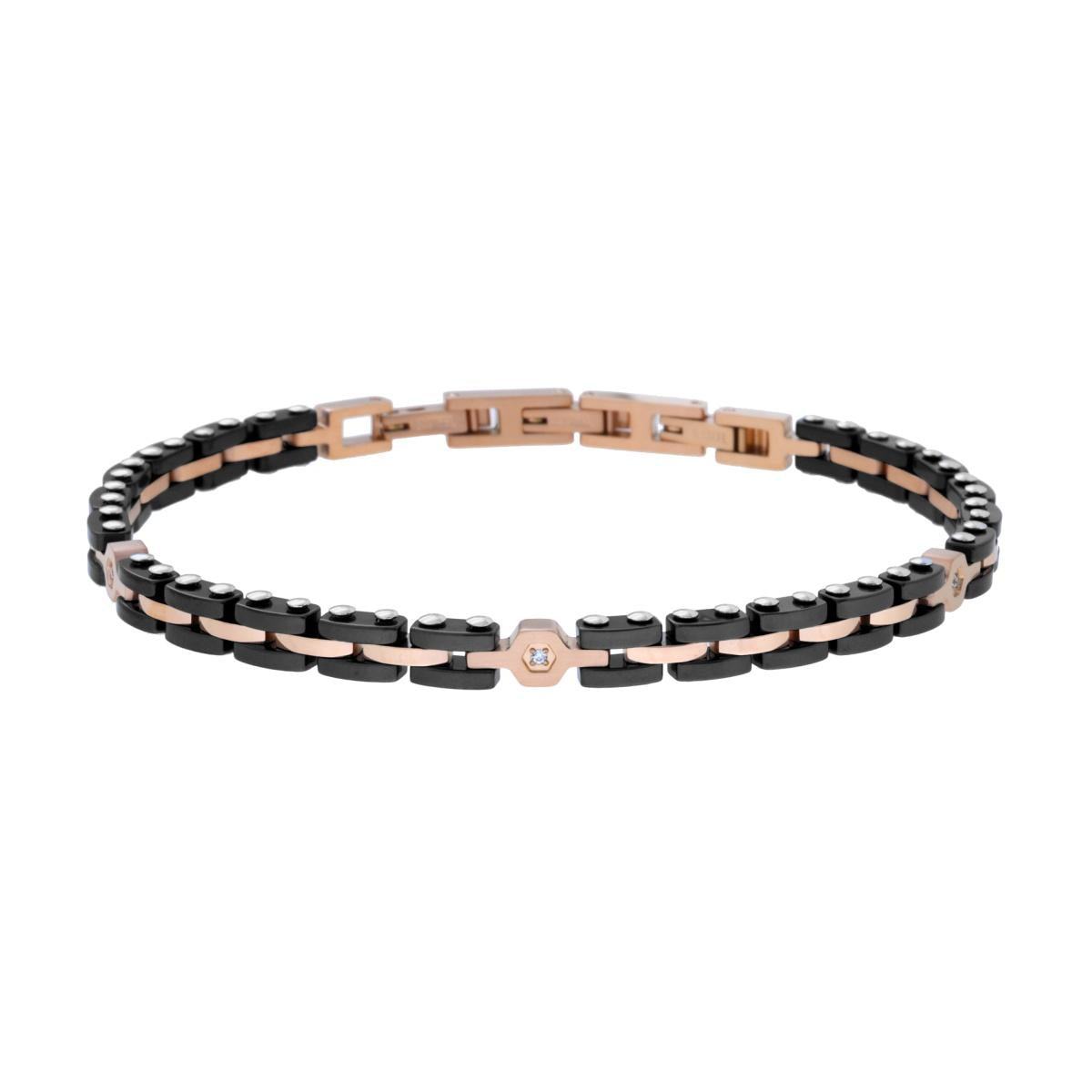 Bracciale Uomo Maglia Imperniata con Ceramica Nera e Crystal Bianchi in ACCIAIO colore Rosa