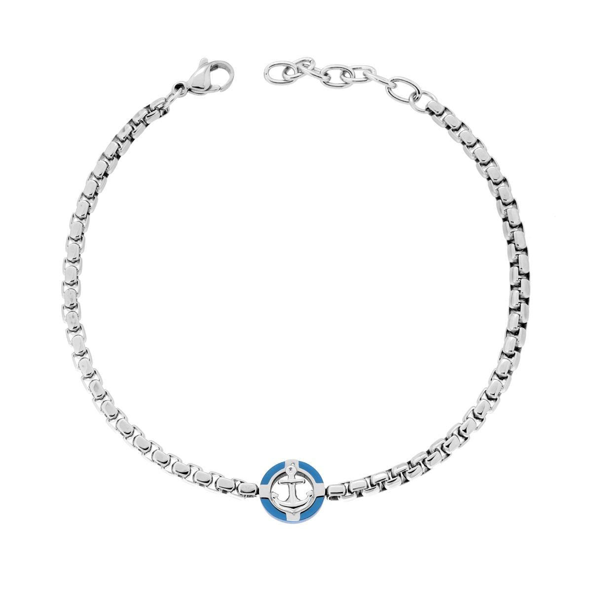 Bracciale Uomo Catena Veneziana Tonda con Tondo Blu e Ancora in ACCIAIO