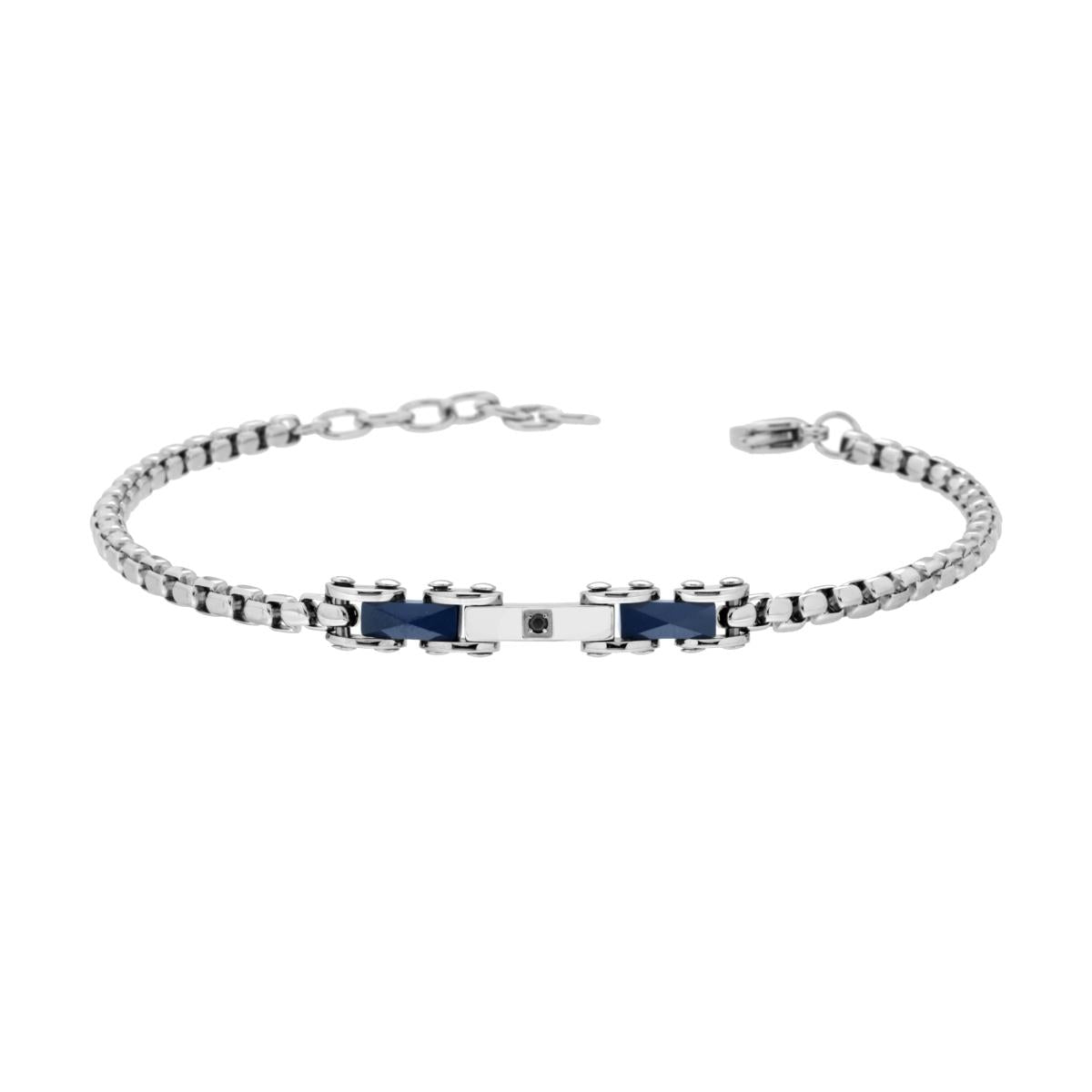 Bracciale Uomo Maglia Imperniata con Catena Veneziana Ceramica Blu e Crystal Nero in ACCIAIO