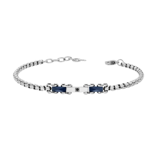 Bracciale Uomo Maglia Imperniata con Catena Veneziana Ceramica Blu e Crystal Nero in ACCIAIO