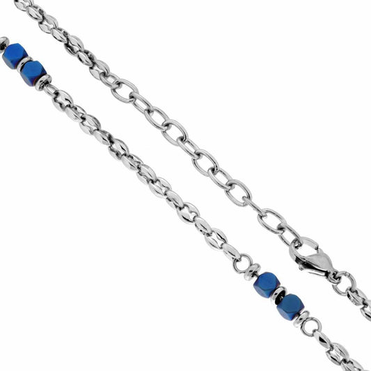 Collana Catena Marinara con Cubetti Blu lunghezza cm 50+5 in ACCIAIO