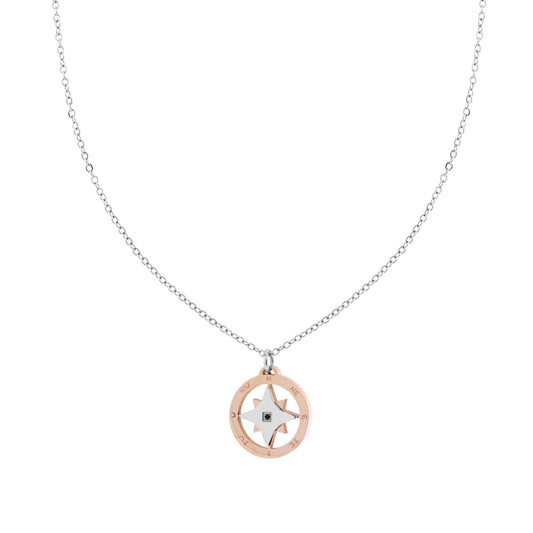 Collana Catena Forzatina Diamantata con Rosa dei Venti colore Rosa con Crystal Nero in ACCIAIO