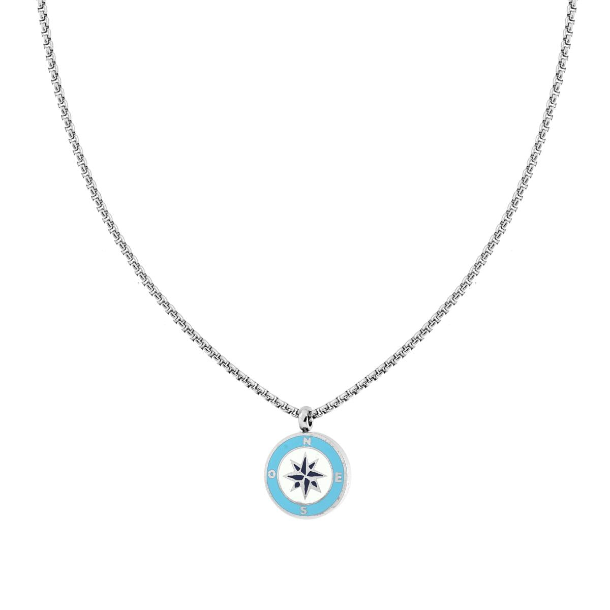 Collana Catena Veneziana Tonda con Tondo Smalto Multicolor e Rosa dei Venti in ACCIA